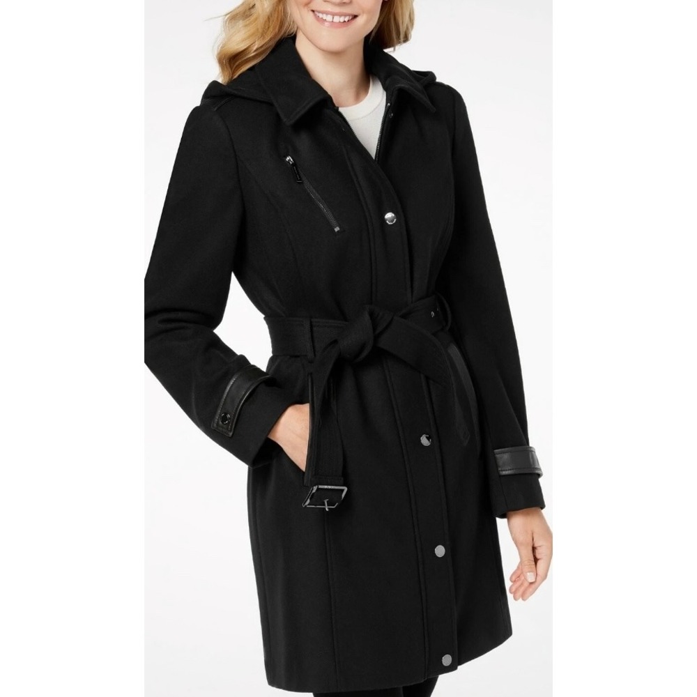 Michael Kors Womens Black Wool Blend Belted Hooded Coat Faux Leather Trim L